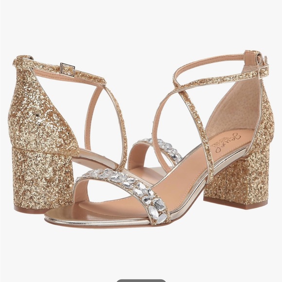 Jewel Badgley Mischka Gold Glittery Faux Jeweled Claudia Block Heeled Sandal 10 - Picture 1 of 16